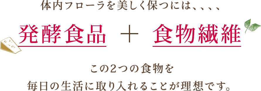 体内フローラを美しく保つには 発酵食品＋食物繊維 この2つの食物を毎日の生活に取り入れることが理想です。